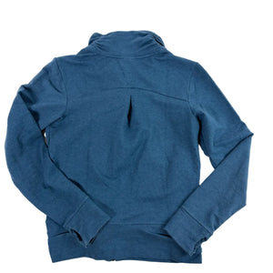A blue long-sleeve zip-up hoodie with a mock neck, laid flat on a light off-white background.